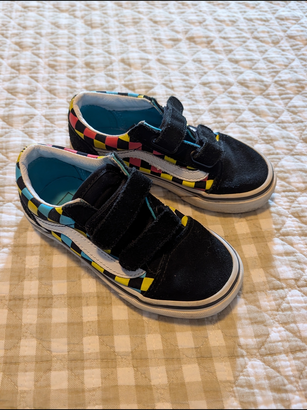 Vans Kids Black Sneakers with Multicolor Checker Trim Kids 11.5